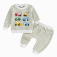 thumbnail image 1 of YDFCWXW Toddler Baby Boy Striped Waffle Knit Long Sleeve Pullover Top Construction Trucks Cars Embroidery Spring Winter 6M-4T (Green, 3-4 Years), 1 of 4