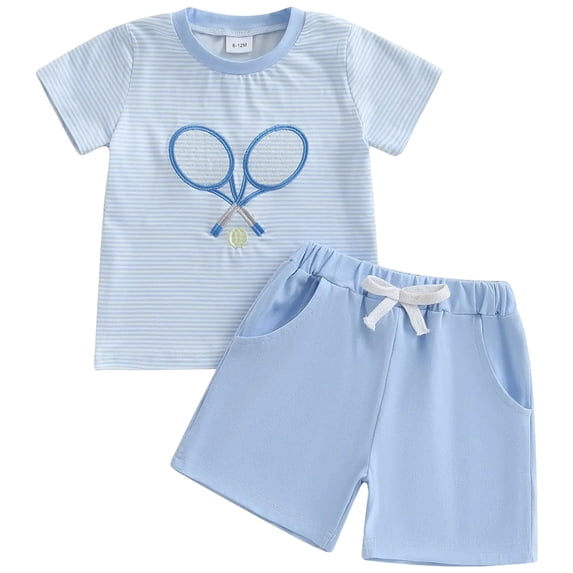 YDFCWXW Toddler Baby Boy Summer Outfit Baseball//Golf/Tennis Embroidery Striped Short Sleeve T Shirt Shorts Pajamas Set 2Pcs Outfit (Sky Blue, 0-6 Months)