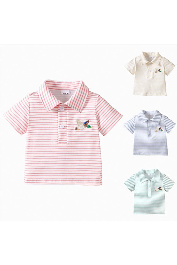 Toddler Baby Boys Girls Polo Shirt Mallard Duck Embroidery Striped Short Sleeve Lapel Button Down Shirts Tops Summer (Blue, 2-3 Years)