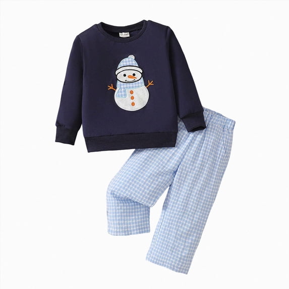 YDFCWXW Toddler Baby Boys Outfits Long Sleeve Embroidery Sweatshirt Gingham Plaid Pants Smocked Clothes (Dark Blue, 2-3 Years)