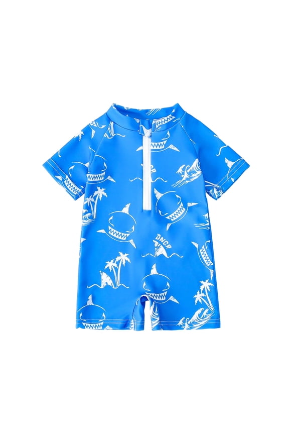 Toddler Baby Boys Swimsuit One Piece Rash Guard Bathing Suit Sun Protection Short Sleeve Zipper Beach Shark Swimwear (Blue, 2-3 Years)