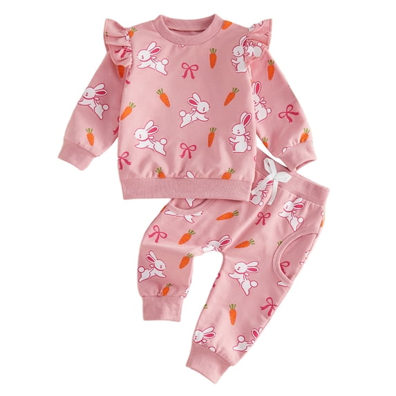 YDFCWXW Toddler Baby Girl Easter Outfit Bunny Carrot Print Long Sleeve Ruffle Sweatshirt Pants Set 2Pcs Infant Spring Clothes (Red, 18-24 Months)