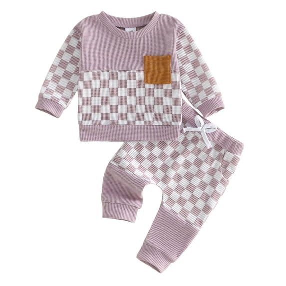 YDFCWXW Toddler Baby Girl Fall Spring Outfit Checker Patchwork Long Sleeve Sweatshirt Elastic Waist Pants Newborn Clothes Set (Purple, 2-3 Years)