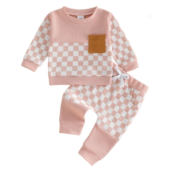 YDFCWXW Toddler Baby Girl Fall Spring Outfit Checker Patchwork Long Sleeve Sweatshirt Elastic Waist Pants Newborn Clothes Set (Red, 18-24 Months)