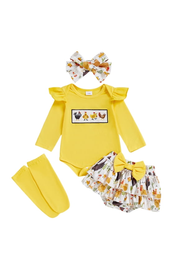 Toddler Baby Girl Farm Outfits Ruffle Sleeves Chick Smocked Romper Tutu Skirt Stockings Headband Clothes (Yellow, 3-6 Months)