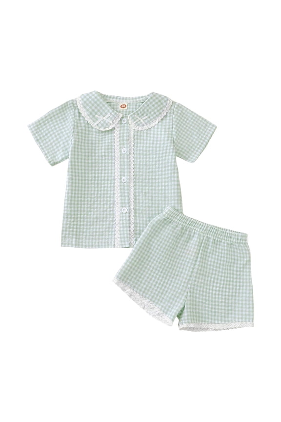 Toddler Baby Girl Pajamas Outfit Peter Pan Collar Sleeveless Vest Tops Gingham Elastic Waist Shorts Set Summer Sleepwear (Green, 18-24 Months)