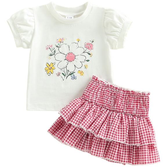 YDFCWXW Toddler Baby Girl Summer Clothes Cute Floral Short Sleeve Tee Shirts and Plaid Skirt Set 2PCS Little Kids Outfit (White, 3-4 Years)