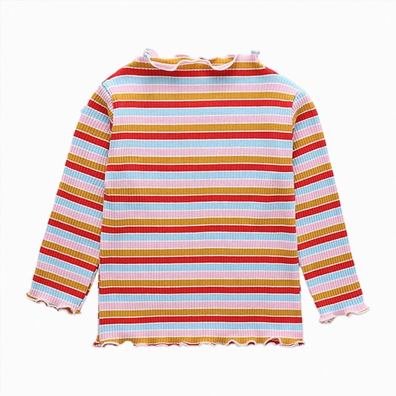 YDFCWXW Toddler Baby Girls Long Sleeve Striped T Shirt Casual Lettuce Ribbed Knit Pullover Blouse Top (Red, 7-8 Years)