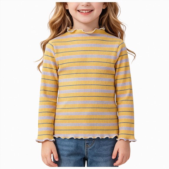 YDFCWXW Toddler Baby Girls Long Sleeve Striped T Shirt Casual Lettuce Ribbed Knit Pullover Blouse Top (Yellow, 7-8 Years)