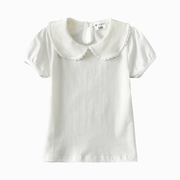 YDFCWXW Toddler Baby Girls Peter Pan Collar White Blouse, Puff Sleeve Ruffle Top, Scalloped Collar Button Down Short Sleeve Shirt (White, 18-24 Months)