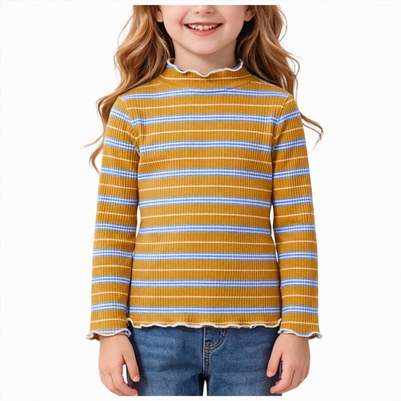 YDFCWXW Toddler Baby Girls Striped Long Sleeve T-Shirt Lettuce Trim Ribbed Knit Pullover Blouse Top (Orange, 5-6 Years)