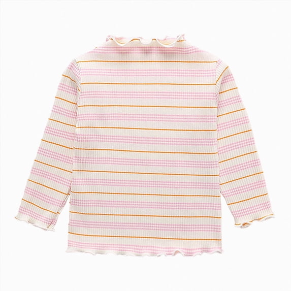 YDFCWXW Toddler Baby Girls Striped Long Sleeve T-Shirt Lettuce Trim Ribbed Knit Pullover Blouse Top (Pink, 2-3 Years)