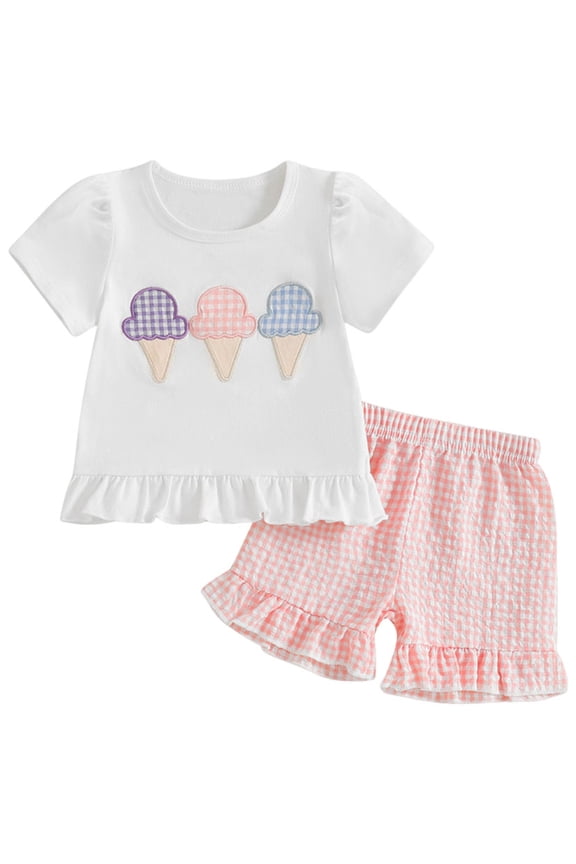 Toddler Baby Girls Summer Clothes Smocked Short Sleeve T-Shirt Tops Ruffled Plaid Short Sets Cute Outfits 2Pcs (Pink, 12-18 Months)