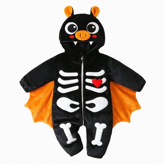 YDFCWXW Toddler Baby Halloween Costume Bat Skeleton Fuzzy Hooded Jumpsuit, Cosplay Party Holiday Outfit (Orange, 3-6 Months)