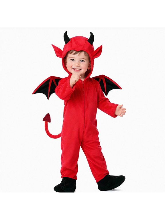 Toddler Boys Halloween Devil Onesie Baby Girls Zip Up Jumpsuit, Lightweight Romper Fuzzy Zipper Loose Fit Bodysuit (Red, 3-4 Years)