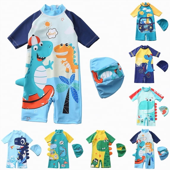YDFCWXW Toddler Boys Swimsuits One Piece Rash Guard Swimwear Zipper Bathing Suit UPF50+ with Hat Dinosaur Swimsuit Set (Misty Blue, 6-7 Years)