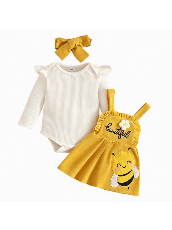 Toddler Girl Bee Embroidery Outfit Set, 3-Piece Ruffle Top Pinafore Dress & Headband for Baby Girls (Yellow, 9-12 Months)