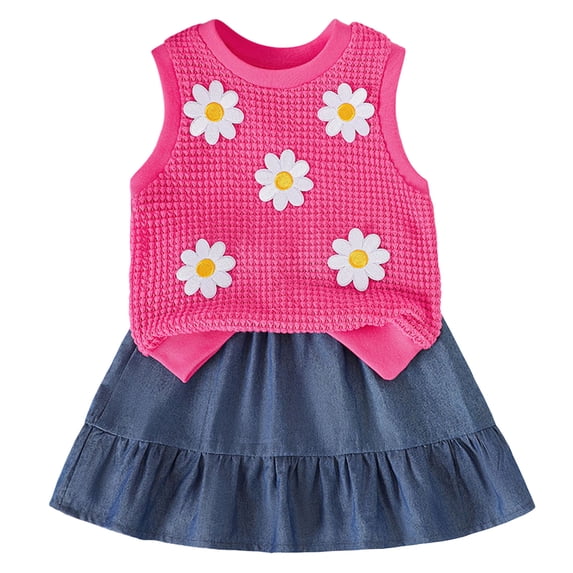 YDFCWXW Toddler Girl Clothes Baby Summer Waffle Knit Tank Top Sleeveless Shirt Jeans Skirts Floral Outfit Girls Clothing (Hot Pink, 2-3 Years)