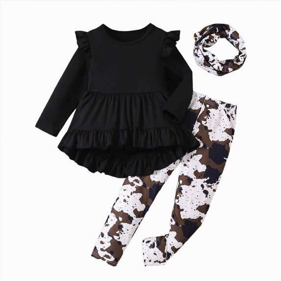 YDFCWXW Toddler Girl Clothes Outfits 2-Piece Ruffle Sleeve Top + Leggings Set | Toddler, Big Girls, Long Sleeve Pullover Shirt, Floral Print Leggings, Casual Fall Outfit for Kids (Black, 5-6 Years)