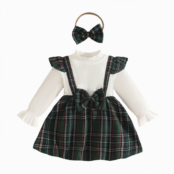YDFCWXW Toddler Girl Plaid Long Sleeve Patchwork Rib Ruffled Shirts Baby Romper Clothes (Dark Green, 9-12 Months)