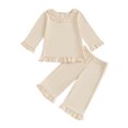 thumbnail image 1 of YDFCWXW Toddler Girl Spring 2 Outfits Long Sleeve Ruffle Shirt Top Wide Leg Pants Set Solid Color Tracksuit (Light Yellow, 18-24 Months), 1 of 7