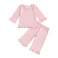 thumbnail image 1 of YDFCWXW Toddler Girl Spring 2 Outfits Long Sleeve Ruffle Shirt Top Wide Leg Pants Set Solid Color Tracksuit (Red, 6-12 Months), 1 of 7