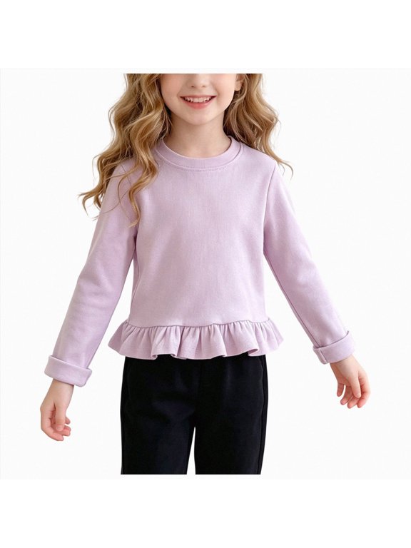 Toddler Girls Ruffle Trim Long Sleeve T-Shirt Crew Neck Plain Tee, Casual School Daily Outfit 12M-7T (Light Purple, 5-6 Years)