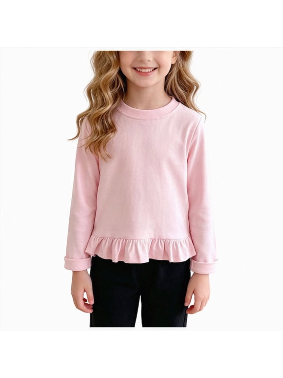 Toddler Girls Ruffle Trim Long Sleeve T-Shirt Crew Neck Plain Tee, Casual School Daily Outfit 12M-7T (Pink, 18-24 Months)