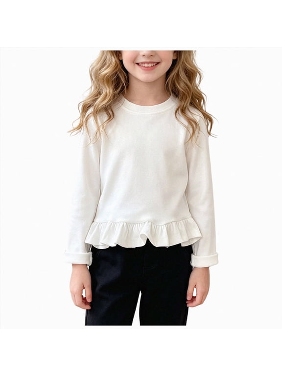Toddler Girls Ruffle Trim Long Sleeve T-Shirt Crew Neck Plain Tee, Casual School Daily Outfit 12M-7T (White, 3-4 Years)