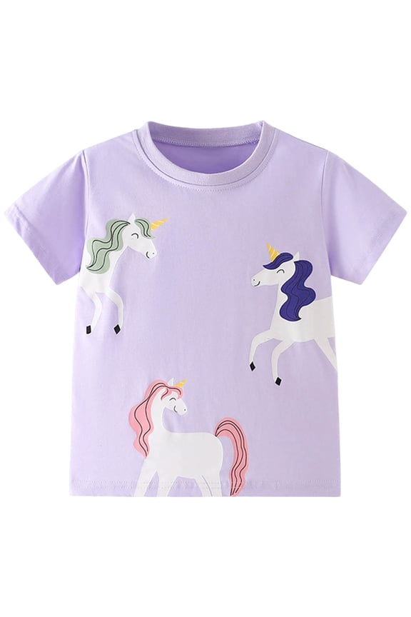 Toddler Girls Short Sleeve Shirts Unicorn Graphic Cotton Shirt Tee Summer T-Shirts for Girls 3-8 Years (Purple, 7-8 Years)