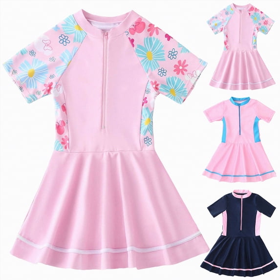 YDFCWXW Toddler Girls Swimsuit One Piece Cute Floral Dress Swimwear 3-12 Years (Light Pink, 11-12 Years)