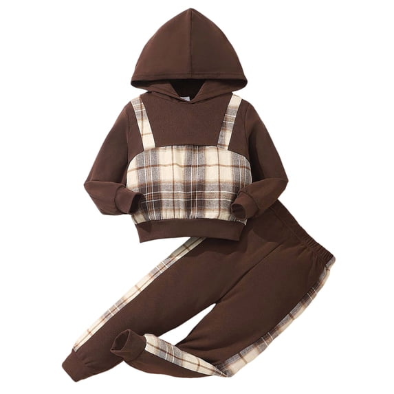 YDFCWXW Toddler Kid Girl Clothes Print Drop Shoulder Hoodie Put Together Plaid Pants 2PC Set (Coffee, 6-7 Years)