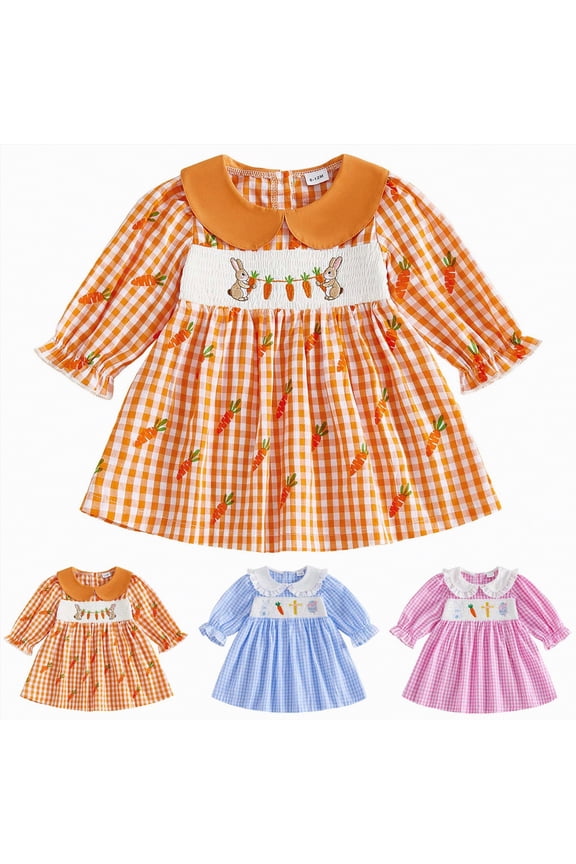 Toddler Little Girl Easter Dress Bunny Carrot Doll Collar Long Sleeve Plaid Smocked Dresses Spring Easter Outfit (Orange, 18-24 Months)