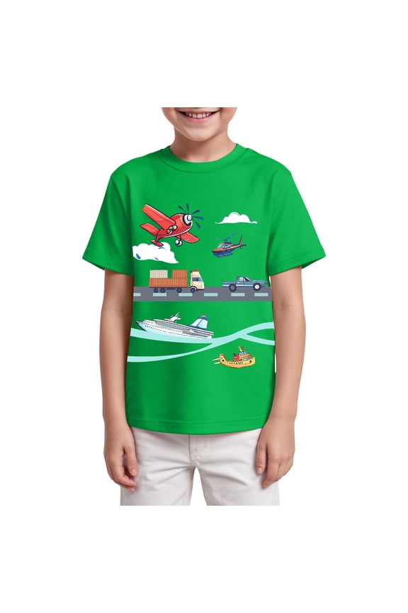 Toddler T-Shirt Cartoon Vehicle Print Transportation Boys Clothes Funny Tee (Green, 9-10 Years)
