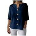 thumbnail image 1 of YDFCWXW Tops for Women 2025 Cotton Linen Button up Shirts Half Sleeve Blouses Loose Fit Vacation Outfits Navy, L, 1 of 6