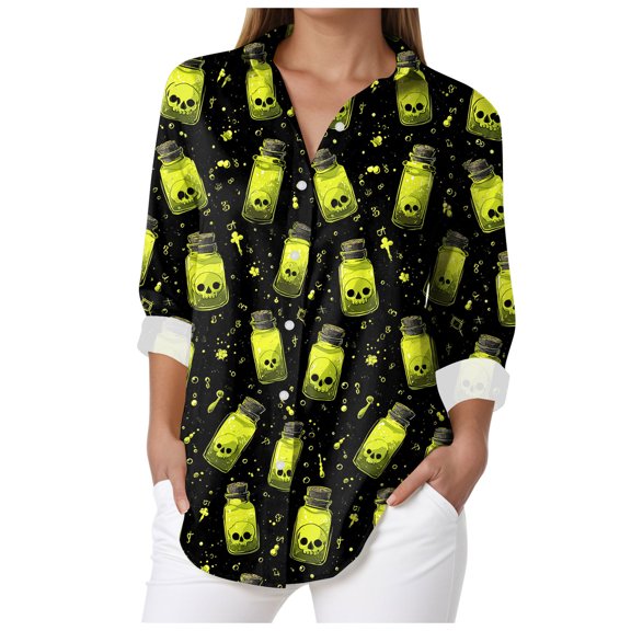 YDFCWXW Trendy Women's Halloween Button-Up Blouse – Long Sleeve Comfortable Shirt with Ghost/Pumpkin Design Green, 4XL