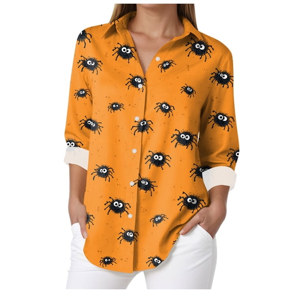 YDFCWXW Trendy Women's Halloween Button-Up Blouse – Long Sleeve ...