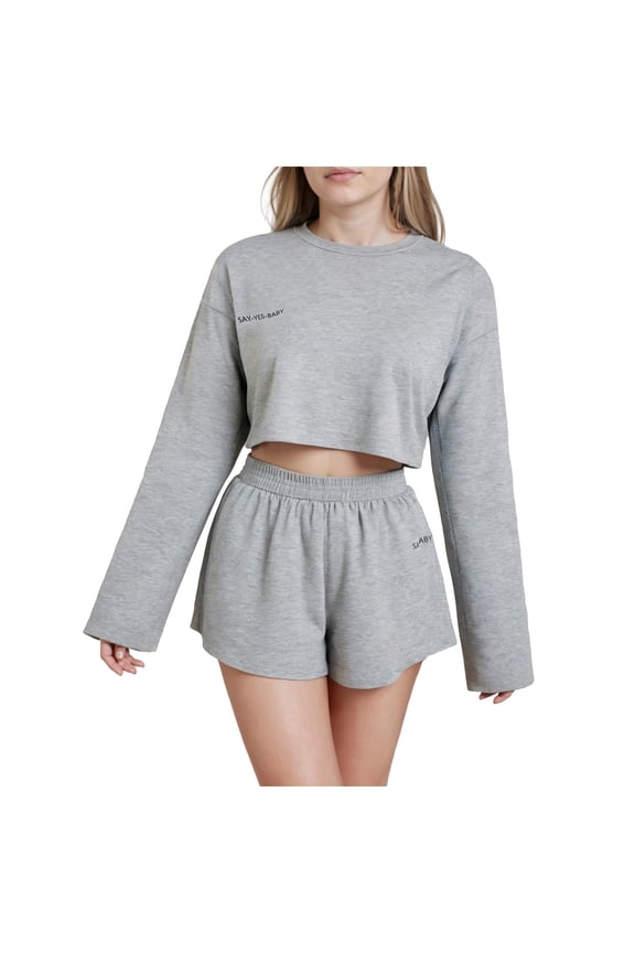 Two Piece Outfits for Women Chic Crop Top and Shorts Sets Grey Long Sleeve Casual Matching Outfit Loungewear Fall Cozy Sweatsuit (Grey, XXL)