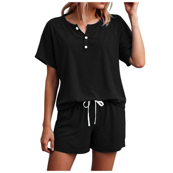 YDFCWXW Two Piece Outfits for Women Lounge Sets Button Down Top and Shorts Set Sweatsuits with Pockets (Black, S)