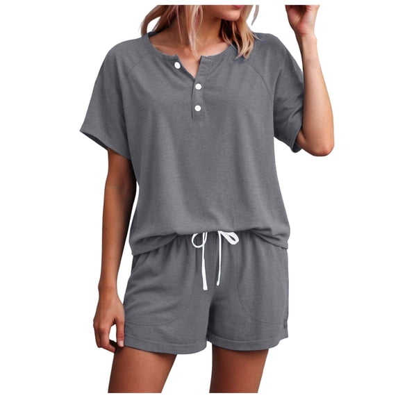 YDFCWXW Two Piece Outfits for Women Lounge Sets Button Down Top and Shorts Set Sweatsuits with Pockets (Grey, L)