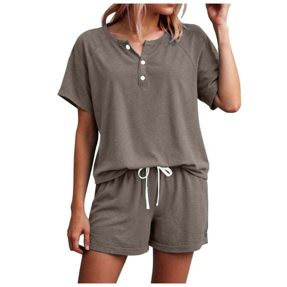 YDFCWXW Two Piece Outfits for Women Lounge Sets Button Down Top and Shorts Set Sweatsuits with Pockets (Khaki, XL)