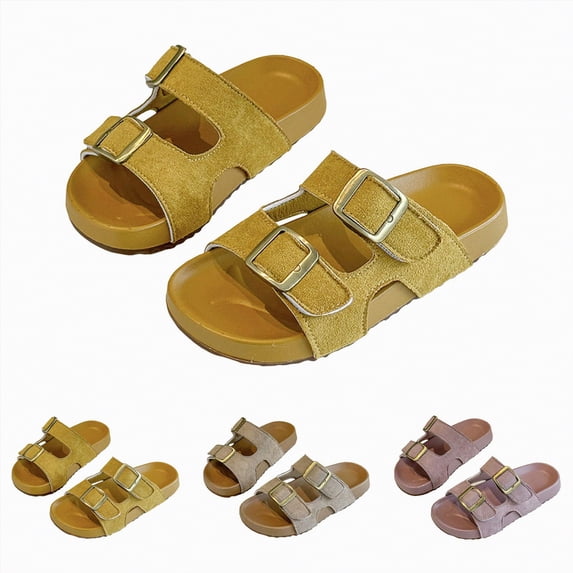 YDFCWXW Unisex-Child Slides Double Buckle Adjustable Flat Sandals Slippers for Boys Girls (Khaki, 33)