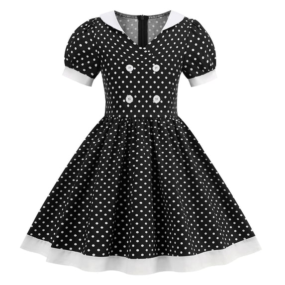 YDFCWXW Vintage Dresses for Girls Kids Lapel Collar Polka Dot Dress Swing Dress (Black, 11-12 Years)