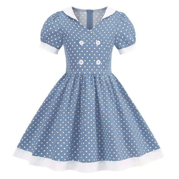 YDFCWXW Vintage Dresses for Girls Kids Lapel Collar Polka Dot Dress Swing Dress (Light Blue, 5-6 Years)
