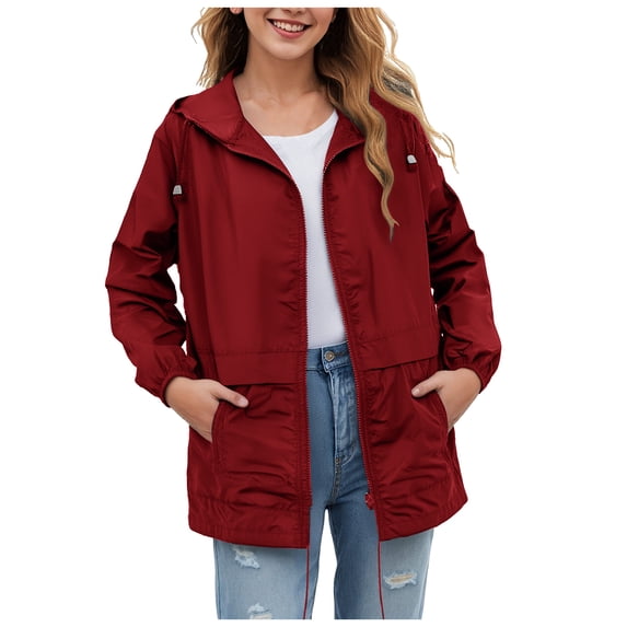 YDFCWXW Waterproof Raincoat for Women Lightweight Rain Jacket Hooded Windbreaker with Pocket for Outdoor Fall Outfits (Wine, M)