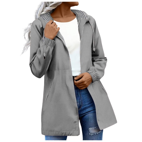 YDFCWXW Waterproof Windbreaker Jacket for Women - Hooded Lightweight Rain Jacket with Striped Lining for Hiking, Travel & Outdoor Sports (Grey, L)