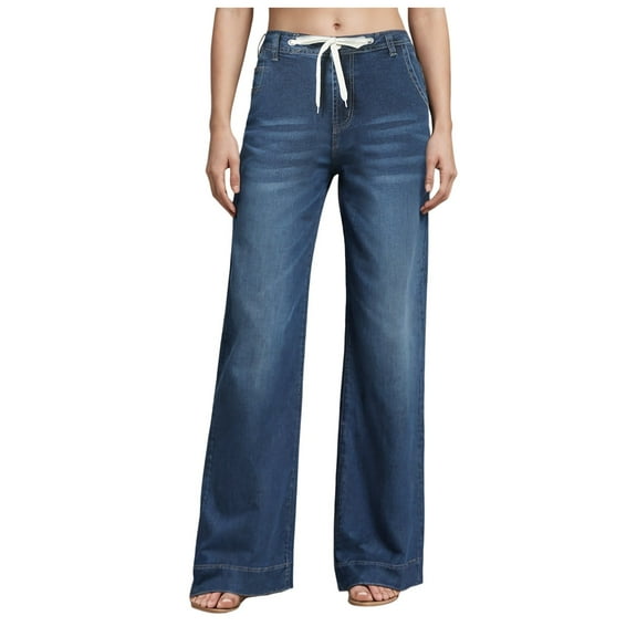YDFCWXW Wide Leg Jeans for Woman High Waisted Trendy Pull On Elastic Waist Drawstring Stretchy Denim Jean Pants with Pockets Blue, XXL