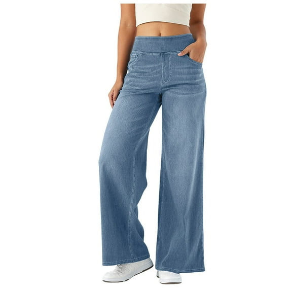 YDFCWXW Wide Leg Jeans for Woman Pull On Elastic Waist Trendy Boyfriend Jeans Sweatpants Denim Pants with Pockets Light Blue, XL