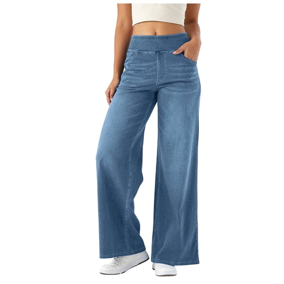 YDFCWXW Wide Leg Jeans for Woman Pull On Elastic Waist Trendy Boyfriend Jeans Sweatpants Denim Pants with Pockets Sky Blue, XL