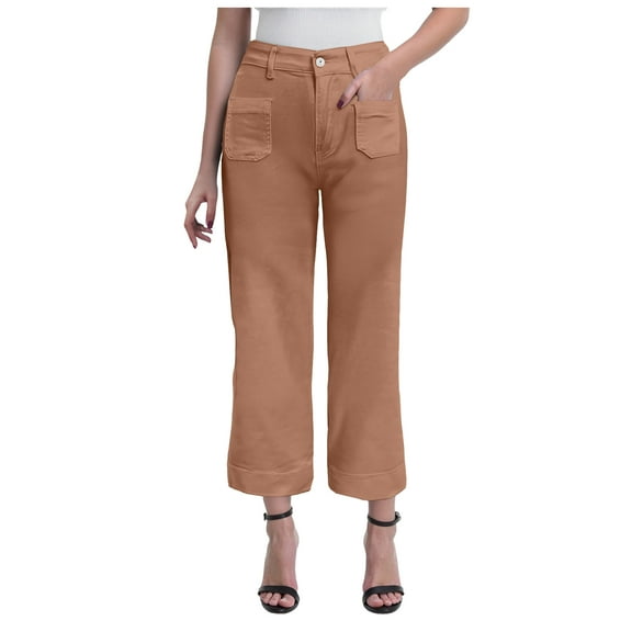 YDFCWXW Wide Leg Jeans for Women High Waist Baggy Stretchy Flared Jeans Trendy Cropped Denim Jeans Pants with Pocket Bronze, L